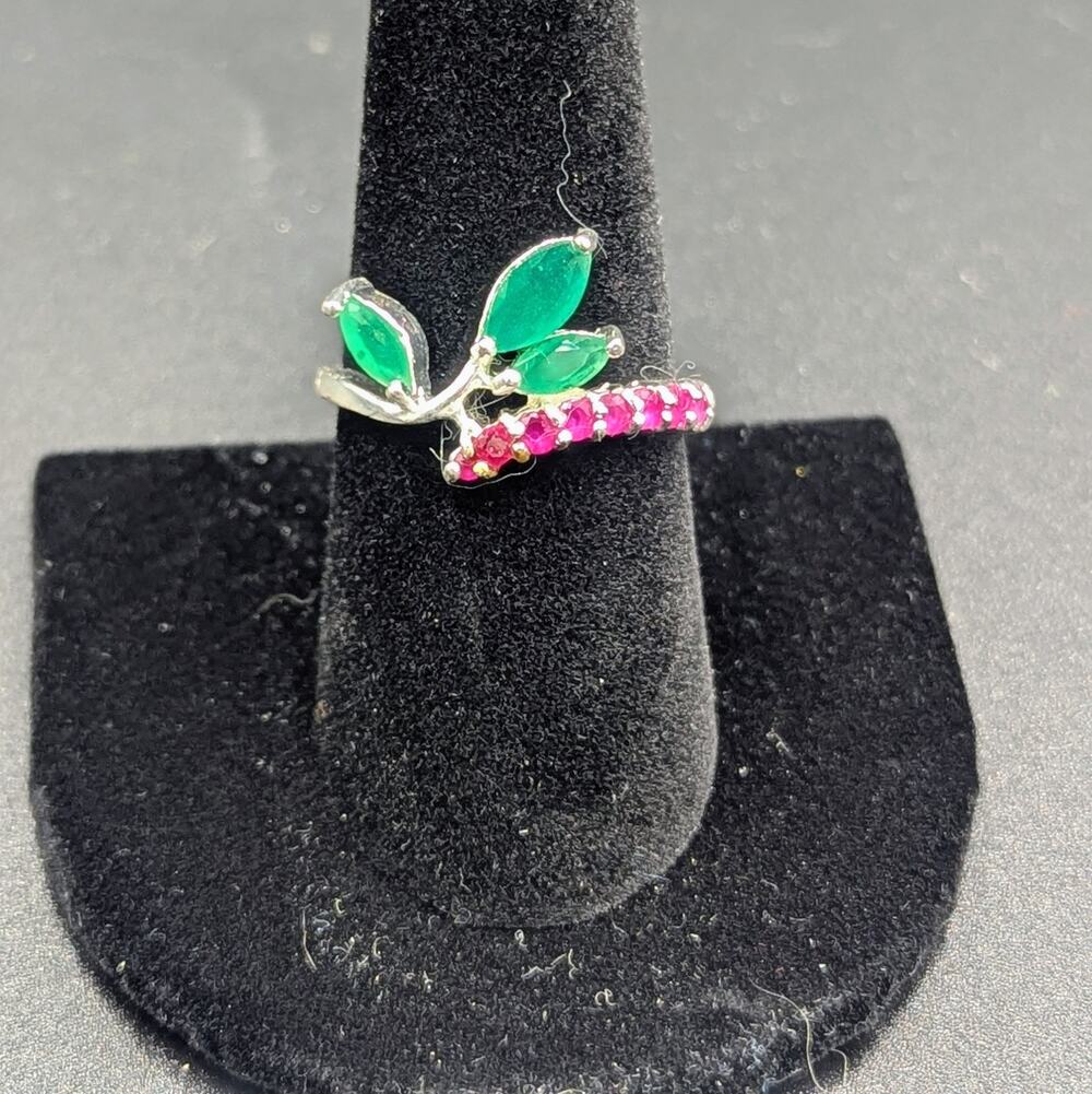 Sterling 925 Pink Sapphire Vine Ring, Green Marquise Accents Sz 9